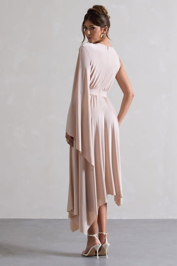 Fable Champagne Plunge-Neck Maxi Dress With Cape Sleeve